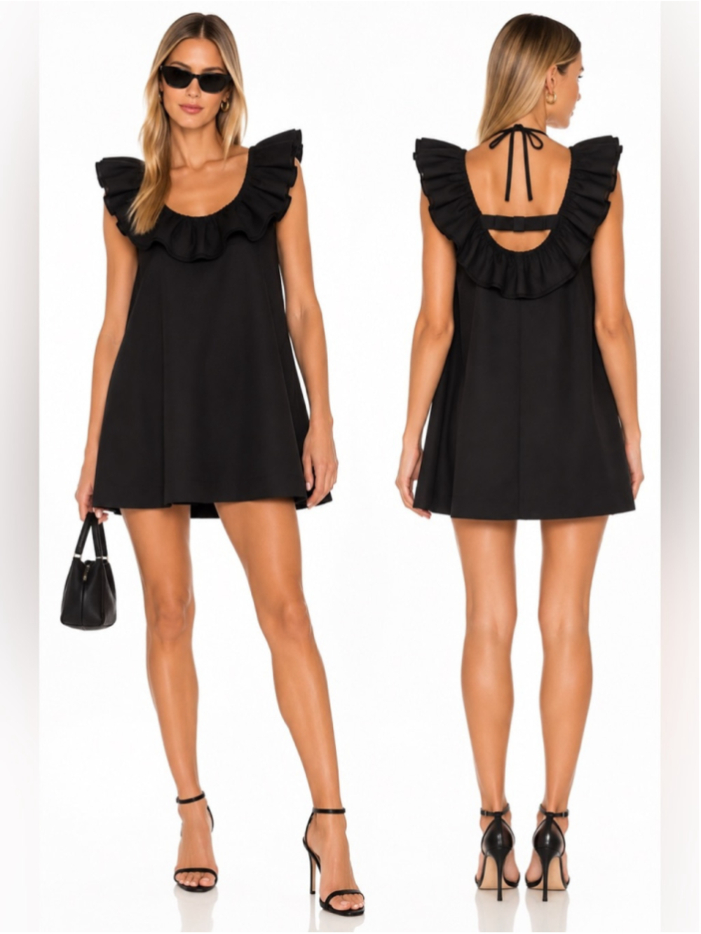 KATHI Black Ruffle Mini Dress Size Small Open Back Babydoll A-Line